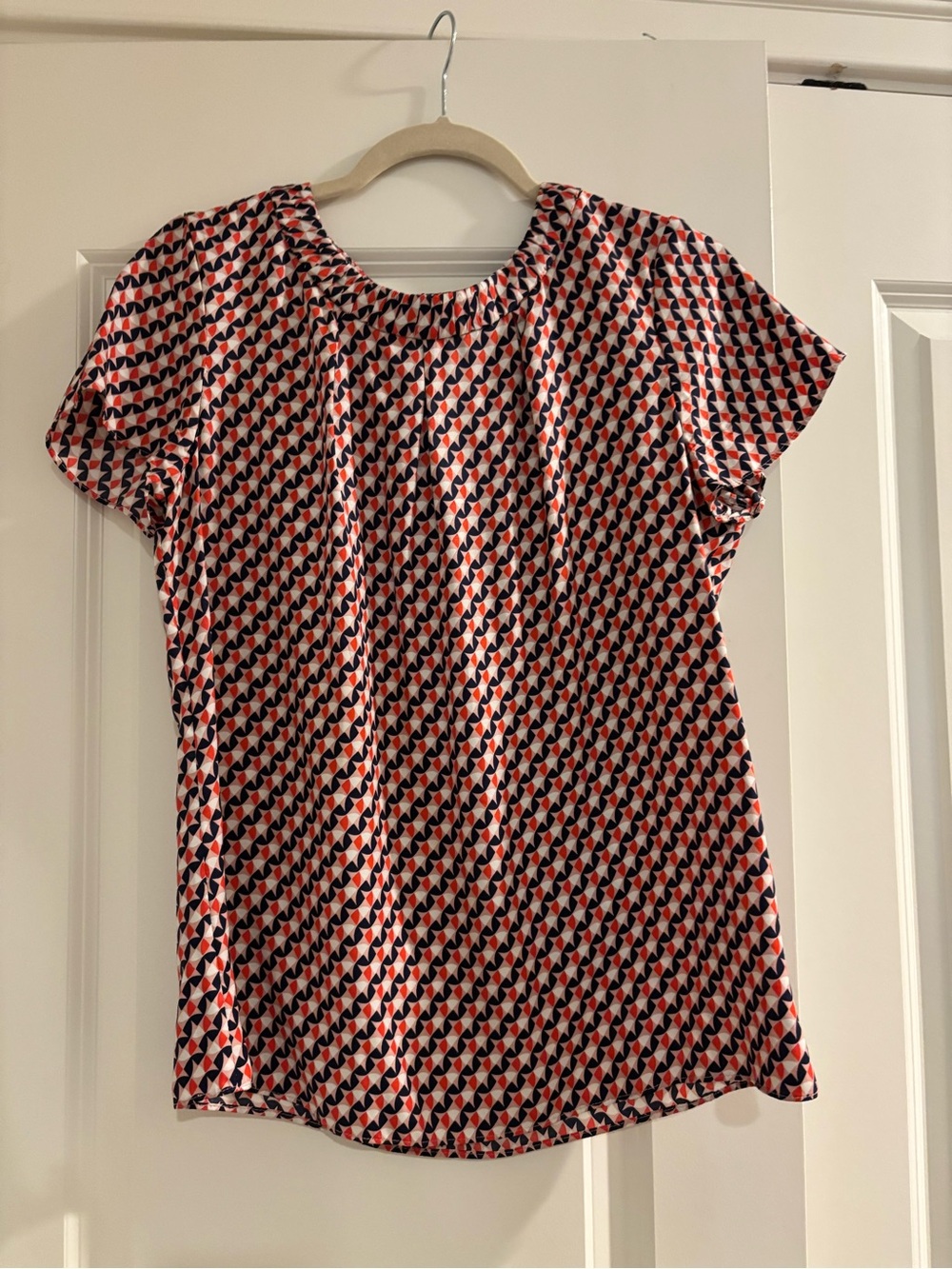 Boden Red, Navy & White Geometric Short Sleeve Blouse